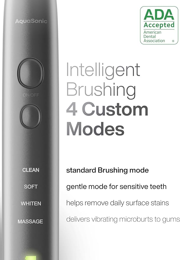 Aquasonic Vibe Series Ultra-Whitening Toothbrush ? ADA Accepted Electric Toothbrush - 8 Brush Heads &amp Travel Case ? 40000 VPM Motor &amp Wireless Charging - 4 Modes w Smart Timer ? Charcoal Meta
