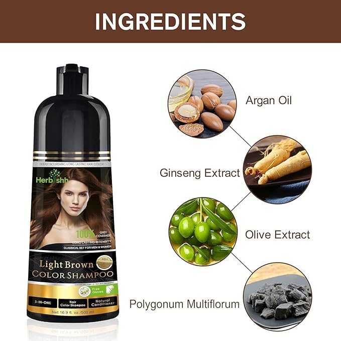 Herbishh Light Brown 3 in 1 Hair Dye Shampoo 500 ML + Travel Size Dye Shampoo pack of 10 30 ML Each - Champu Para Canas Muje