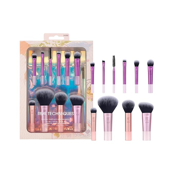 Real Techniques 11 Piece Travel Fantasy Mini Brush Set Travel Size Makeup Brushes For Foundation Eyeshadow Powder Blush Contour &amp Concealer Makeup Bag Included Gift Set Cruelty-Free
