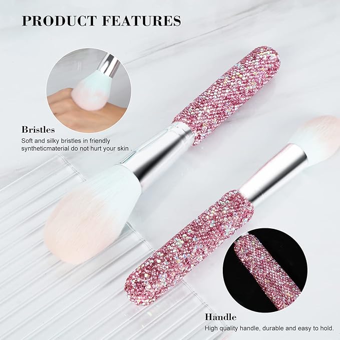 Makeup Brushes Bling Crystal Professional Face Cosmetics Blending Liquid Foundation Powder Concealer Eye Shadows Make Up Beauty Tool Glitter(12PCS) (Purely Handmade)(Pink)