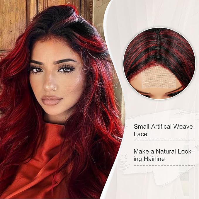 FAVE Red and Black Wig Long Synthetic Red Wig Natural Wavy Wig for Black Women Dark Red Wig for Daily Part Use 28IN(Red Highlight)