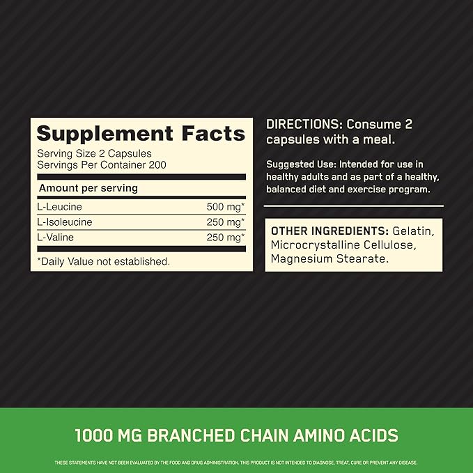 Optimum Nutrition Instantized BCAA Capsules Keto Friendly Branched Chain Essential Amino Acids 1000mg 400 Count