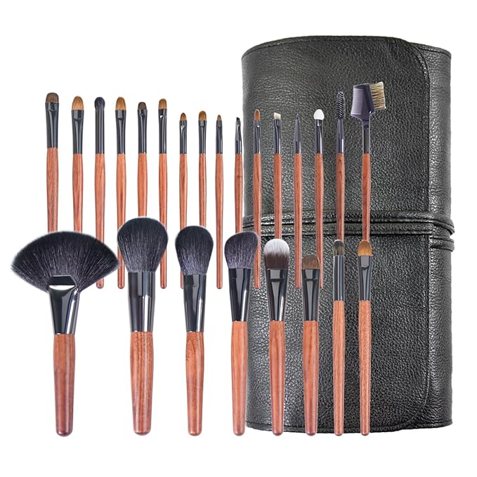 Professional Makeup Brush Set 24 Pieces with Leather Case Natural Hair Bristles Wooden Handles