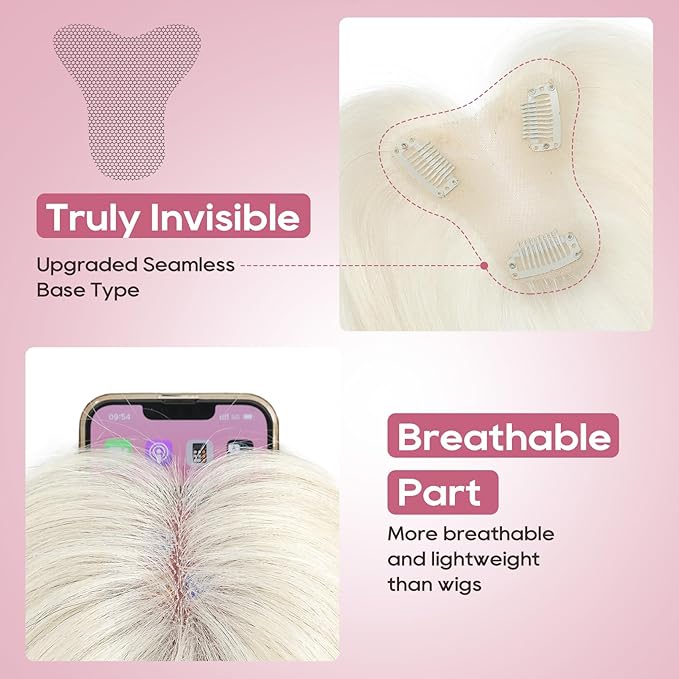 REECHO Hair Toppers for Women Real Human Hair Seamless Human Hair Toppers with Bangs 360° 3D Cover Clip in Bangs Hair Extensions for Daily Wear White Blonde