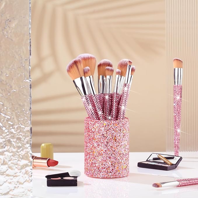 Rtteri 13 Pcs Rhinestone Pink Makeup Brushes Set Bling Crystal Professional Face Cosmetics Blending Liquid Foundation Powder Concealer Eye Shadows Make up Beauty Tool Glitter with Holder