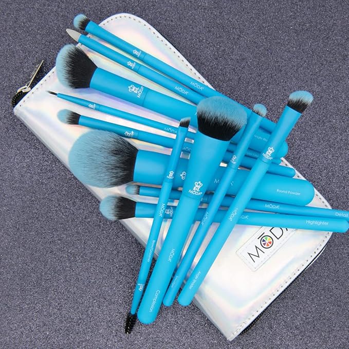 MODA Totally Electric Neon Blue Full Face Makeup Brush Kit ? 13pc Vibrant Brush Set for Face &amp Eyes with Zip Case