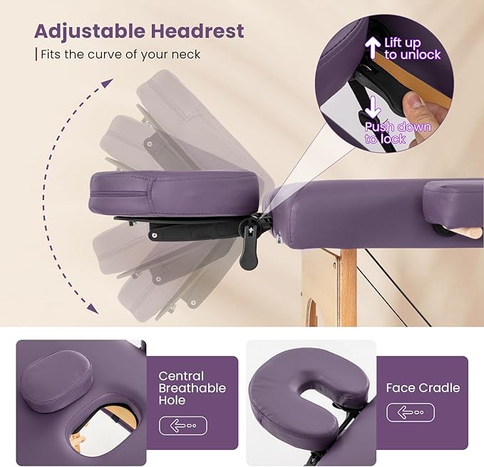 Giantex Massage Table Portable Massage Bed w/Carrying Case 2-Section Salon Spa Facial Care Tattoo Bed Height Adjustable Wood Frame Professional Massage Lash Bed for Eyelash Extension (Purple)