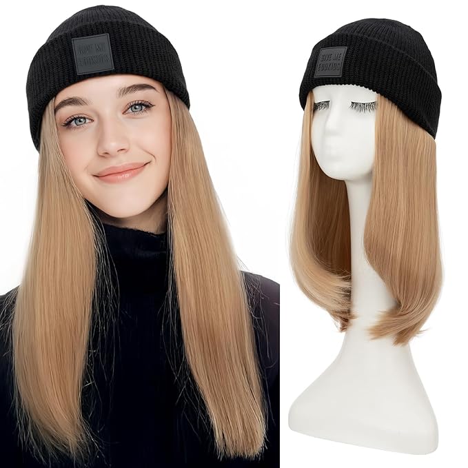 SEGO Beanie Wig for Women Hat with Hair Extentions Synthetic 11 Inch Straight Hairpiece Winter Warm Knitted Hat with Hair Attached for Women Girls 018