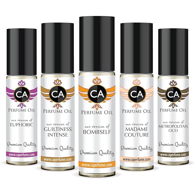 CA Perfume Best Fall Women Set Impression of (Euphoric + Guiltiness Intense + Madame Couture + Bombself + Metropolitan Oud) Fragrance Body Oils Essential Travel Size Roll-On (0.3 Fl Oz/10 ml) x5