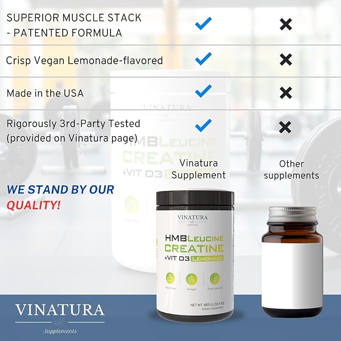 VINATURA HMB Creatine Leucine Powder - 5g Creatine Monohydrate 3g HMB Supplement 3g L-Leucine - Vitamin D3 Vegan Lemonade Flavor Muscle &amp Strength Support - 30 Servings