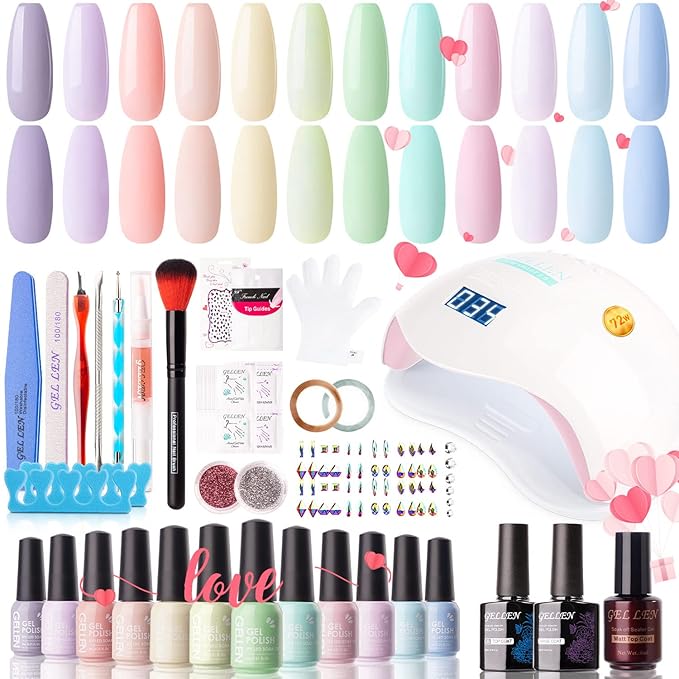 GELLEN Gel Nail Polish Kit with Nail Light 72W Nail Dryer 12 Gel Nail Polish Colors No Wipe Top Base Coat Nail Art Decorations Manicure Tools All-In-One Manicure Kit Macaron Candy