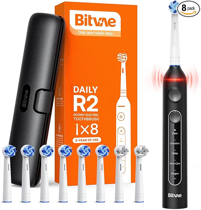 Bitvae R2 Rotating Travel Electric Toothbrush 8 Professional Brush Heads Carrying Case 5 Teeth Care Modes Pressure Alerts to Prevent Gum Injury Long Duration