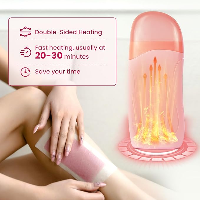 Roll On Wax Kit Portable Wax Roller Kit for Coarse/Fine Hair Removal Beginners Waxing Roller for All Skin Types with 3 Pcs 100g Roll Cartridge 100 Non-Woven Strips &amp 10 After Oil Wipes (F1_Pink