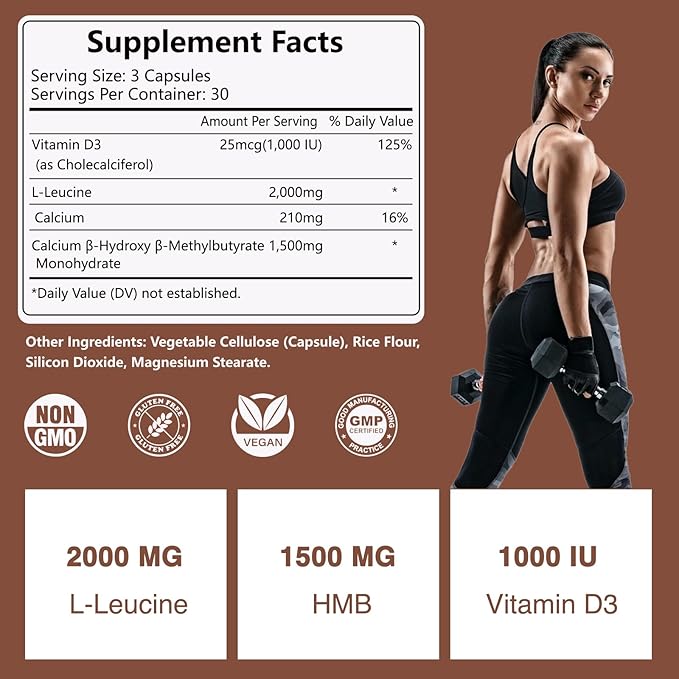HMB and Leucine Supplement 3500mg L-Leucine HMB with Vitamin D3 Amino Acid BCAA for Men Vegan Gluten Free 90 Capsules