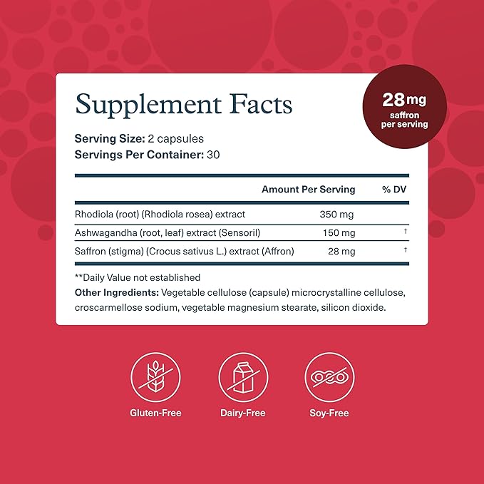 Youtheory Saffron - Vegan Energy Supplement for Men &amp Women* - Contains Rhodiola Rosea &amp Ashwagandha - Dairy Soy &amp Gluten Free - 60 Vegetarian Capsules