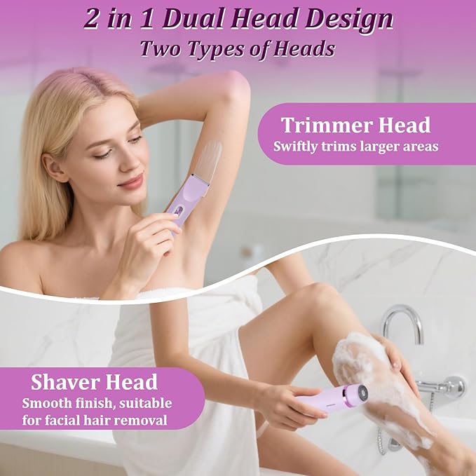VINGVO Electric Body Hair Trimmer for Women Dual Head Lady Shaver Groomer Waterproof? Body Hair Shaver Rechargeable Facial Hair Removal with Cleaning? Brush (Purple)