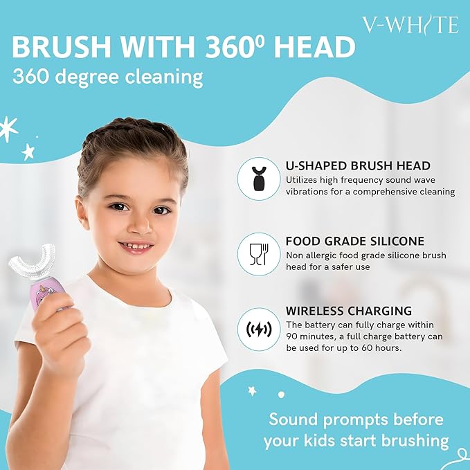 V-WHITE Electric Toothbrush Kids- Ultrasonic U-Shaped Toothbrushes for Teeth Whitening - 360° Mouth Cleansing Hands Free Gums Protection - Wireless Charging &amp LED Light - Waterproof IPX7 Certifie