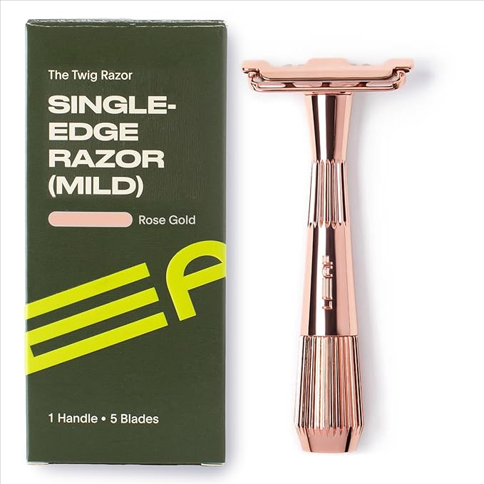 Leaf Shave | Leaf Twig Razor All-Metal Single Blade Razor for Men &amp Women Fixed Head with Magnetic Load Assist Includes 5 Stainless Steel Blades- Face Shaving Lighter Hair Sensitive Skin -Rose
