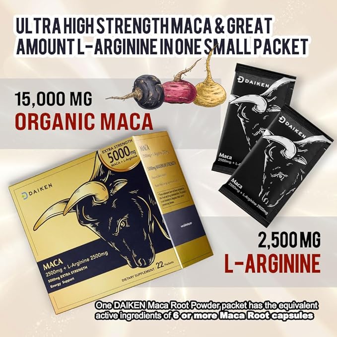 DAIKEN Peruvian Maca Root Powder Extra Strength 15000 mg Gelatinized Black Red Yellow Maca Blend with L-Arginine (2500 mg) for Men and Women Superior Absorption Vegan Lab Tested - 22 Packets