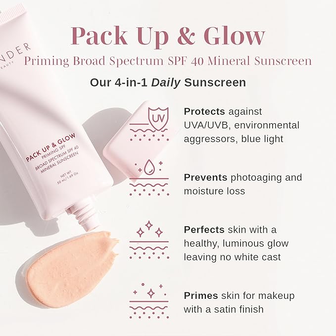 Wander Beauty Pack Up &amp Glow Primer with SPF 40 - 100% Mineral Sunscreen with Non-Nano Zinc Oxide + Titanium Dioxide - 4-in-1 Universal Tinted Sunscreen - Protect Prevent Perfect &amp Prime - 1