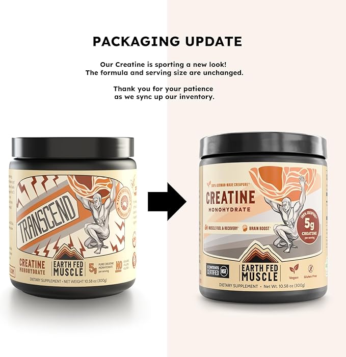 Earth Fed Muscle Transcend Creatine Monohydrate Powder ? 100% German Creapure Creatine for Women | Muscle Recovery &amp Building Energy Production | Unflavored 5g Serving 60 Servings per Container