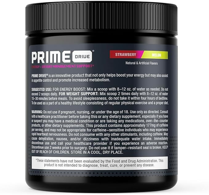 Prime Drive Energy Strawberry Melon Pre Workout Energy Drink Powder Provides Extreme Energy Focus and Intensity Boosts Metabolism 10.2oz (30 Servings)