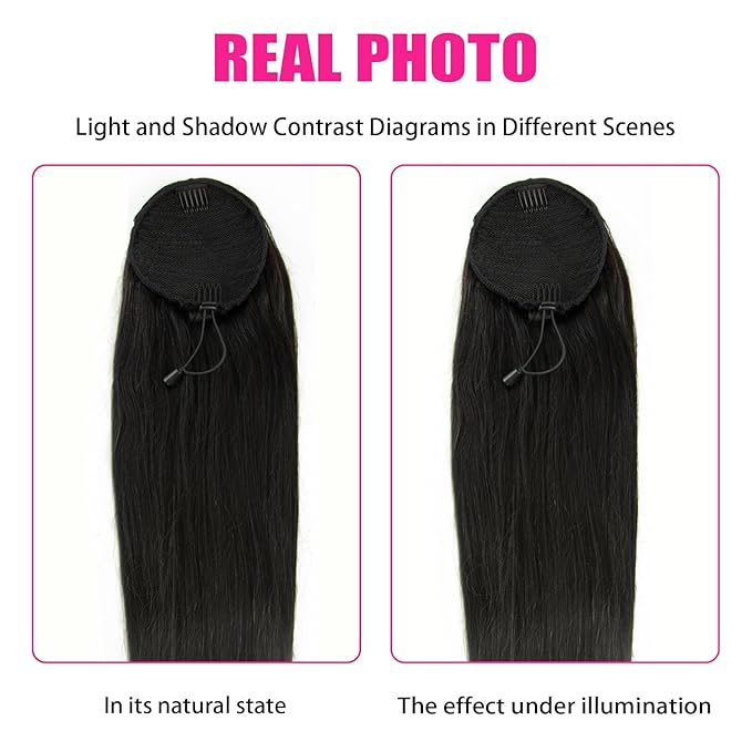 Riverwood Straight Human Hair Ponytail Unprocessed Human Hair Drawstring Ponytail Extensions for Black Women Brazilian Straight Hair 110g Natural Color (16 Straight)