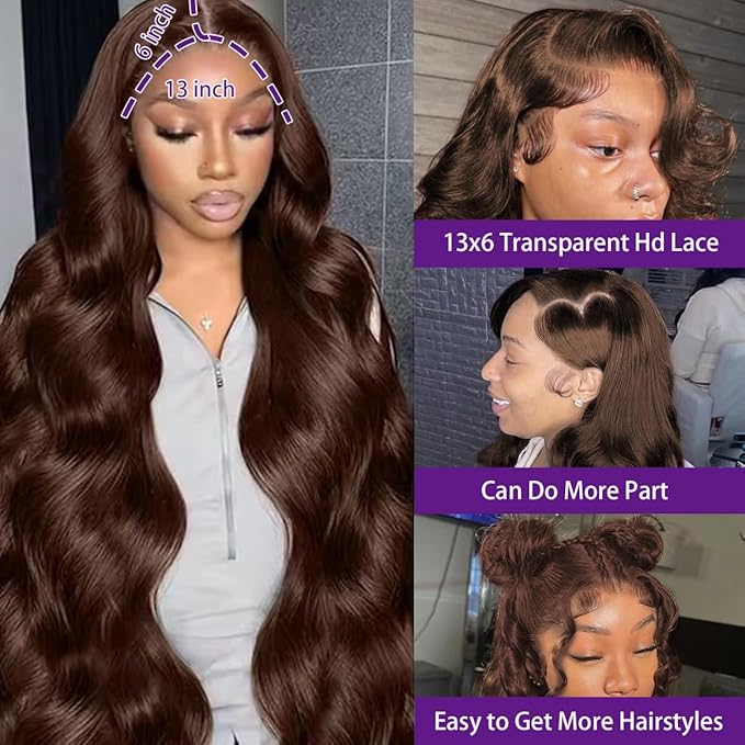 34 Inch Chocolate Brown Lace Front Wig Human Hair 220 Density 13x6 Hd Body Wave Lace Front Wigs Human Hair Pre Plucked Colored Frontal Wigs Human Hair Brown Wigs Human Hair Wigs for Women