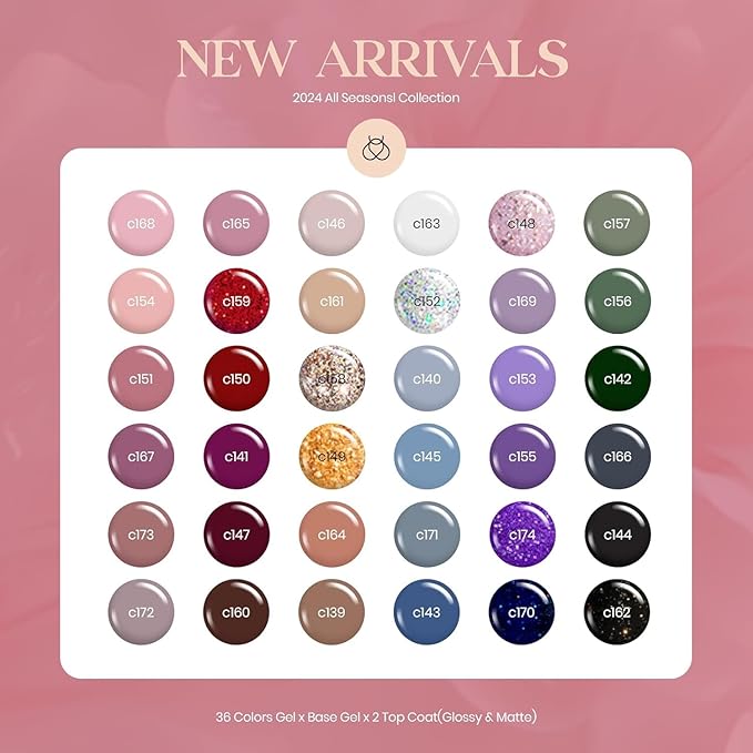 Beetles Winter Gel Nail Polish Set 36 Colors Nail Gel Polish Kit Burgundy Red Blue Green Brown Gold Glitter Pink with Base Top Coat UV LED Needed Manicure Gifts for Women Neutral Elegance
