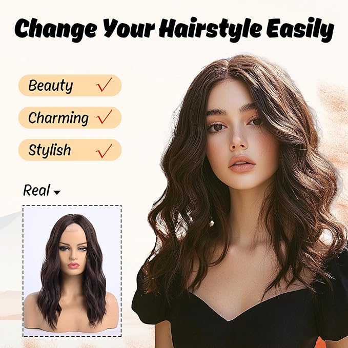 Medium Length Brown Wavy Wigs for Women 18 Inch Middle Part Wavy Dark Brown Wig Natural Looking Synthetic Heat Resistant Fiber Wig for Daily Party Halloween (18 inch)