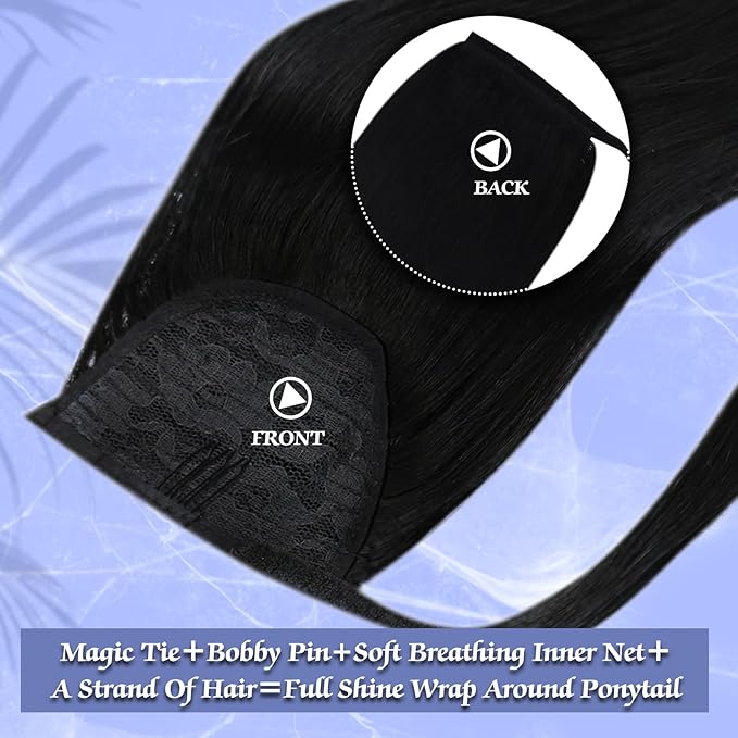 Full Shine 22 Inch Pony Tails Hair Extensions Human Hair Dark Brown Ponytail Extensions for Women Straight Natural Look Wrap Around Clip in 80g