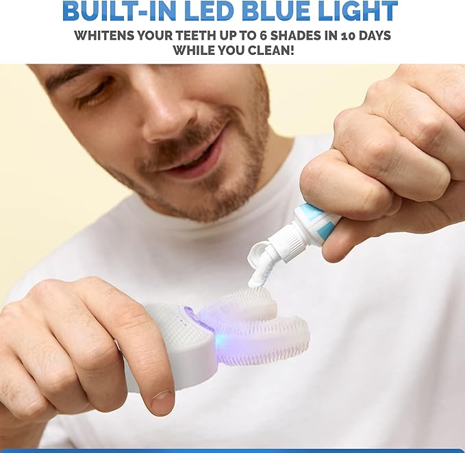 Sani White Ultrasonic Toothbrush Ortho Sparkle Sonic Glow Brush 360 Brite Toothbrush Adult U Shaped Ultrasonic Tooth Cleaner Teeth Whitening Light Electric Automatic Hands Free