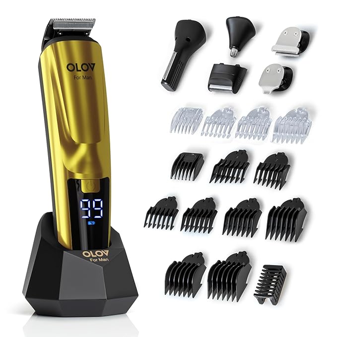Beard Trimmer 21 Piece Mens Grooming Kit and Hair Clipper Cordless Rechargeable Electric Razor for Beard Face Nose Hair Trimmer Gold