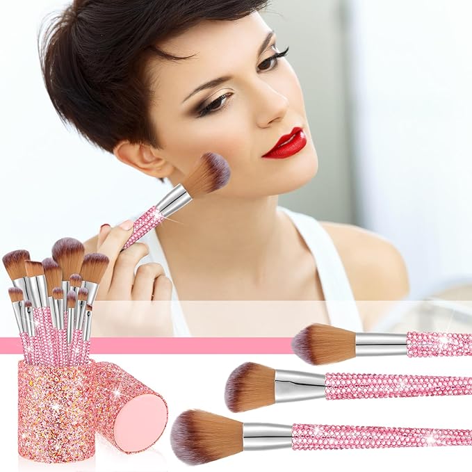 Rtteri 13 Pcs Rhinestone Pink Makeup Brushes Set Bling Crystal Professional Face Cosmetics Blending Liquid Foundation Powder Concealer Eye Shadows Make up Beauty Tool Glitter with Holder