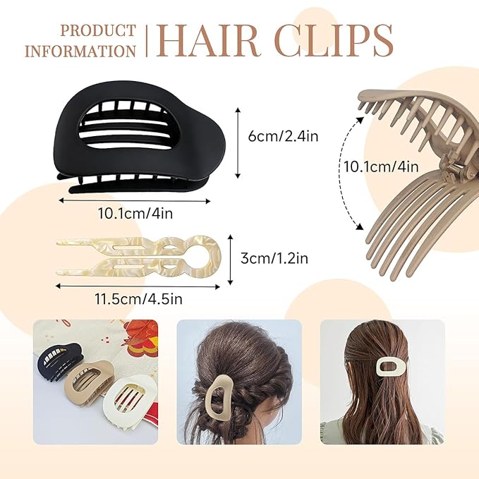 3 PACK Women's Flat Claw Hair Clips And 4 PACK No-Slip Hair Pin Strong Hold Square Hair Accessories For Thick &amp Thin Hair Lay Flat Design For Work &amp Daily Styling(A)