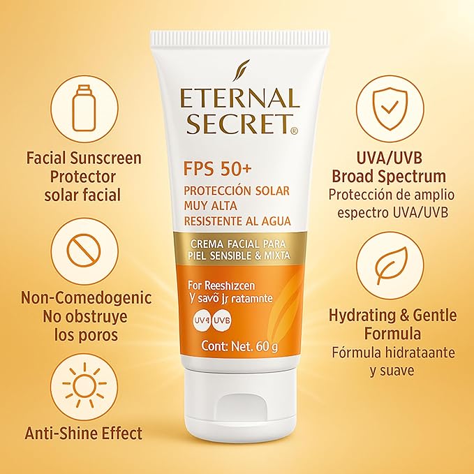 Eternal Secret High Protection Sunscreen for Face - SPF 50+ Water-resistant Non-Sticky Texture 2.12 oz - Bloqueador Facial/Corporal Eternal Secret FPS 50+ 2.12 oz