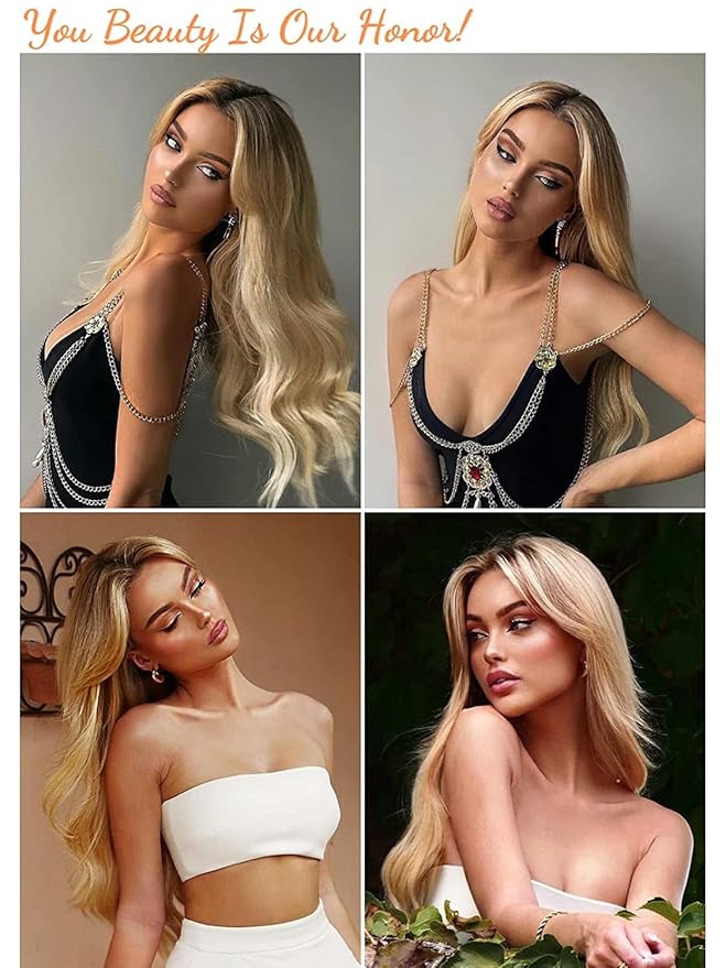 Honygebia Blonde Middle Part Wig - Long Wavy Ombre Blond Wigs with Dark Roots for Women Curly Synthetic Heat Resistant Hair Natural Looking Cute Wigs for Halloween/Christmas/Cosplay/Party