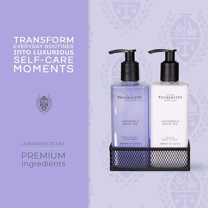 Pecksniff's Handwash Soap and Lotion Set Stress Reducing Aromotherapy Cleanser That Leaves Hands Soft and Lightly Scented (Lavender and White Tea Black Caddy)