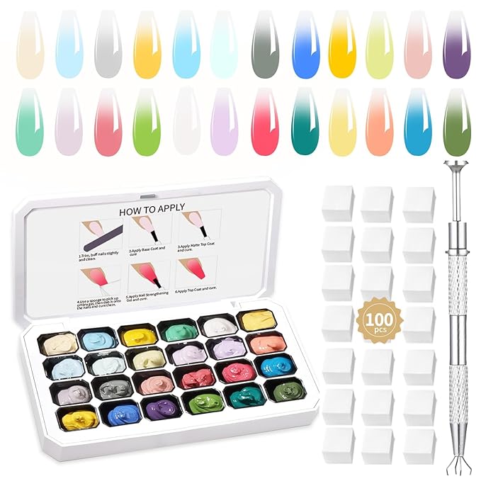 24 Colors Ombre Gel Nail Polish SetOmbre Pigment for NailsGradient Painting Gel with 100Pcs Nail Sponges for 3D Gels Nail Art can be Painted in Salon or Home Use