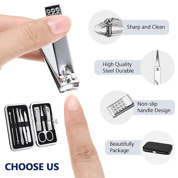 Geosar 12 Sets Manicure Set Nail Clippers Pedicure Kit 8 in 1 Grooming Stainless Steel Kits Nail Care Tools with Travel Case Xmas Gifts Christmas Stocking Stuffers for Men Women(Black)