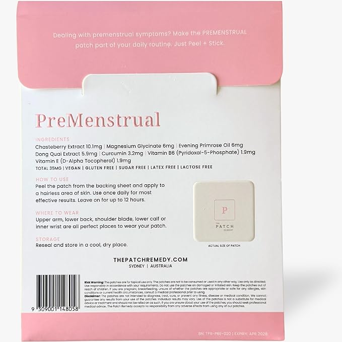 The Patch Remedy Pre Menstrual Patch | Chasteberry Magnesium Evening Primrose Dong Quai B6 &amp Vitamin E | 30 Patches