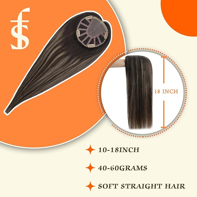 Full Shine Topper Extensions Color 2/8/2 Black with Blonde 12 Inch Hidden Crown Hair Extensions Hair Pieces with Clips 5 * 5 Inch Clip in Silk Human for Women Remy Extensions
