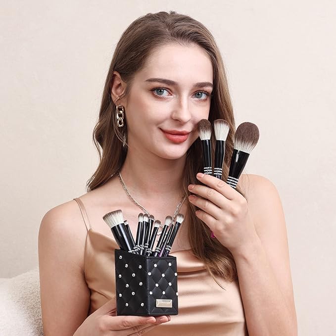 Bueart Design 16PCS Ultra Soft Makeup Brushes Sets with HolderProfessional Make up Brushes with Diamond(Purple-Black Gradient &amp Holder)