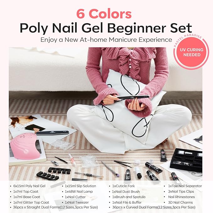 Modelones Poly Extension Gel Nail Kit 6 Colors Pink Nude with 48W U V/LED Lamp Slip Solution 3D Bow Pearl Charms Decoration Rhinestone Glitter Tools for Manicure Beginner Starter Kit DIY at Home
