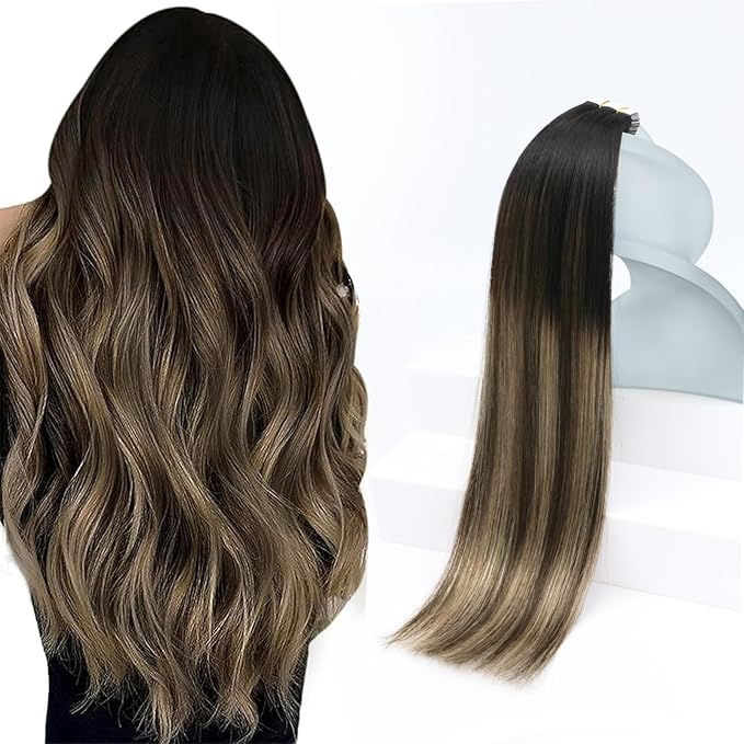 Sunny Hair Tape in Hair Extensions Human Hair 22 Inch 40Pcs Remy Tape in Extensions Black Balayage Brown Ombre Ash Blonde Hair Extensions Tape in 100g