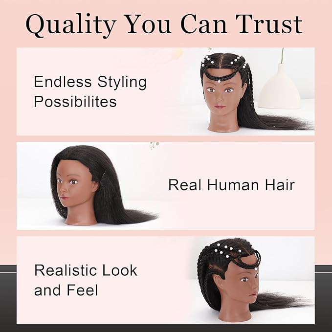 Mannequin Head with 100% Human Hair Manikin Head Human Hair Cosmetology Doll Head for Hair Styling Hairdresser Practice Braiding with Table Clamp Stand and Tools (16 inch + tripod)