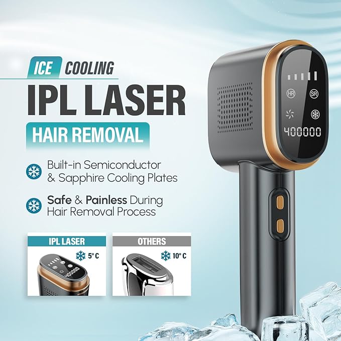 Herbishh IPL Laser Hair Removal Device Painless Cooling Technology- 400000 Flashes Hair Removal Machine with 5 Intensity Levels Skin Sensor &amp Dual Flash Modes- Manual &amp Auto For Face &amp