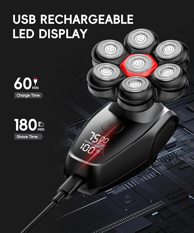 Head Shaver for Bald Men - IPX8 Waterproof Electric Razor for Wet/Dry Use with LED Display USB-C Fast Charge &amp 5 Attachments Black