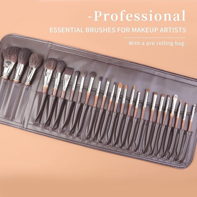 Deluxe Natural Goat Hair Makeup Brush Set with Case 24 Cosmetic Brushes Makeup Set Wooden Natural Makeup Brushes Natural Bristle Makeup Brush Natural Hair Makeup Brushes Set Professional.