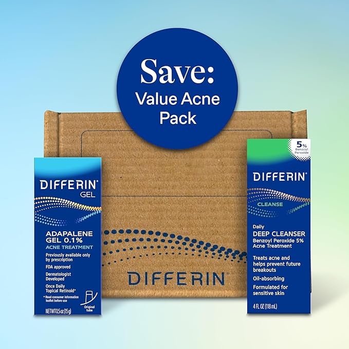 Differin Acne Skin Care Kit Differin Gel Retinoid Acne Treatment for Face with 0.1% Adapalene &amp 5% Benzoyl Peroxide Face Wash &amp Body Wash Designed for Pimple and Acne Prone Skin